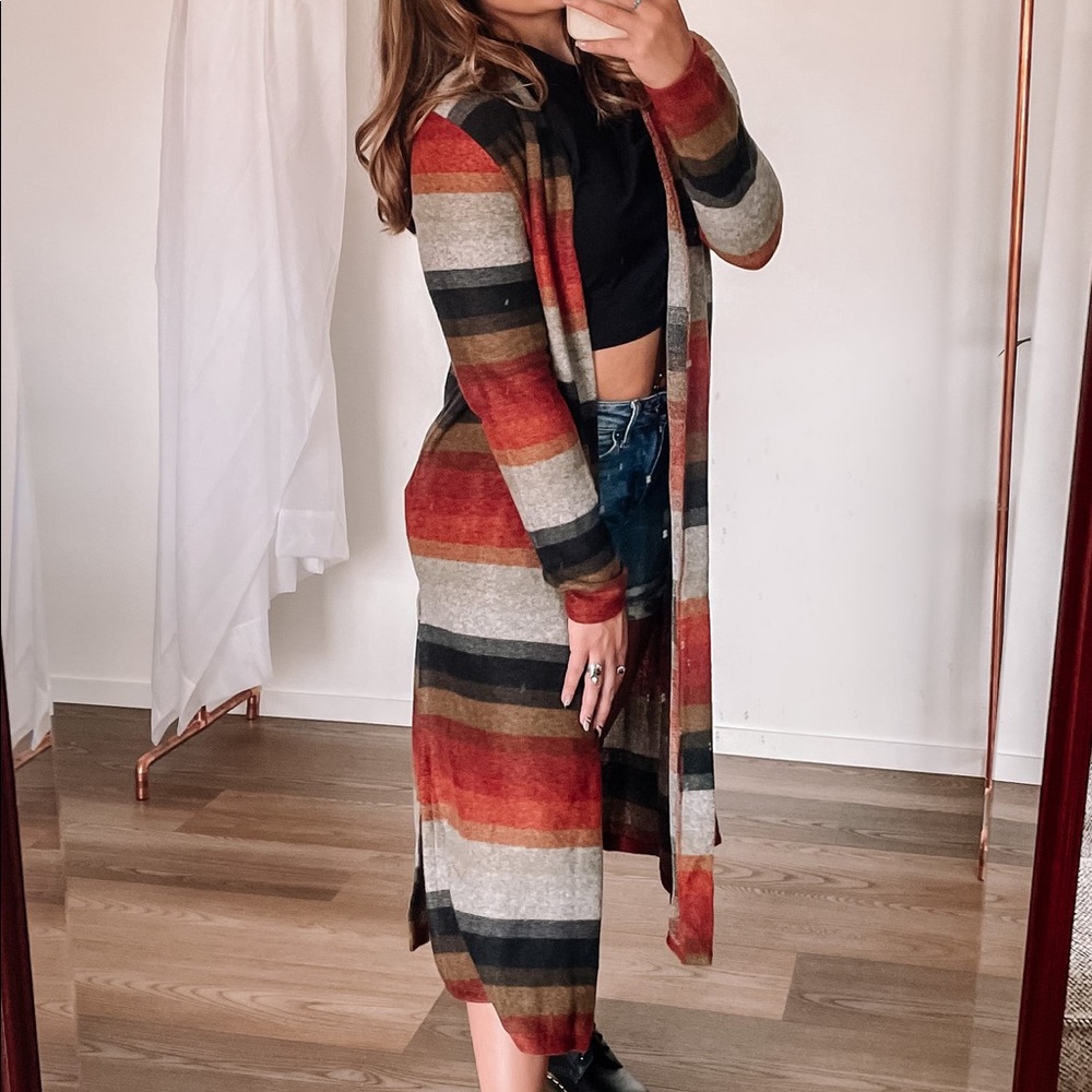 Long Orange Striped Open Front Cardigan